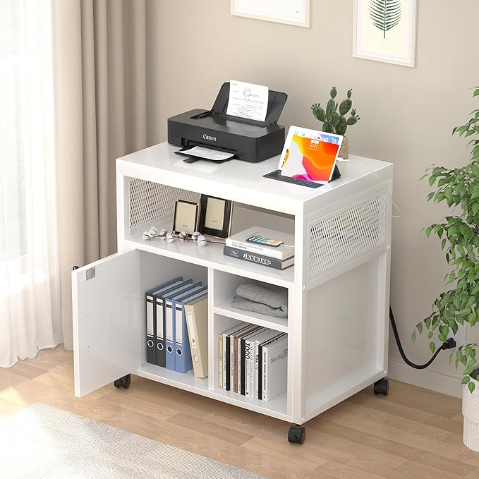 Unikito Rolling File Cabinet Lateral Office Filing Cabinets with Socket and USB Charging Port Modern Printer Stand on Wheels Printer Cabinet with Door and Open Storage Lockable White