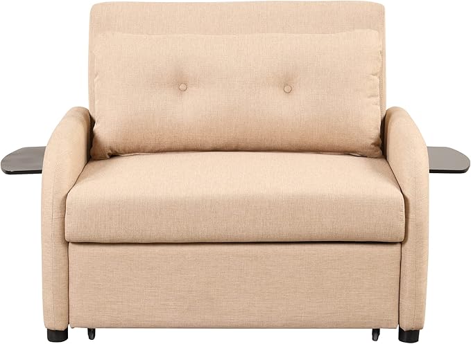 Pull Out Sofa Sleeper Bed 3-in-1 Sofa Bed with 2 Wing Table Side Pocket and Usb Charge Line Fabric Convertible Sleeper Chair Bed for Living Room Recreation Room (Beige-2 Wing Table Side Pocket)