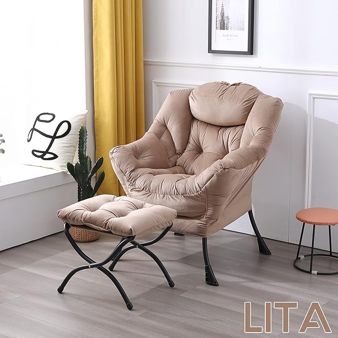 LITA Lazy Chair with Ottoman Modern Accent Leisure Upholstered Sofa Chair Contemporary Lounge Reading Chairs with Armrests and a Side Pocket for Living Room Bedroom &amp Small Space Dark Brown