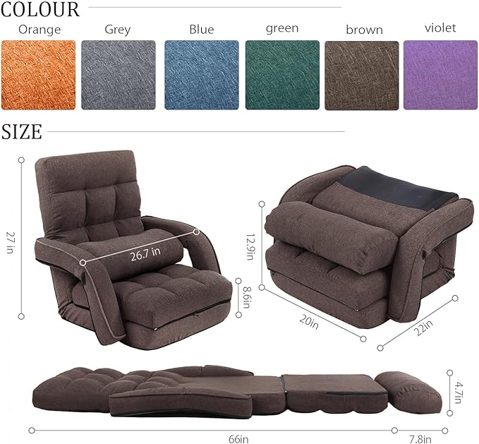 FLOGUOR 42-Position Adjustable Floor Chair Chaise Lounge Indoor Folding Lazy Sofa with Armrests and a Pillow Padded Adults Gaming Chairs for Living Room Bedroom Factory Price 8803XM (Brown)