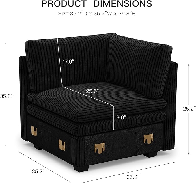 Belffin Corner Module for Large Modular Sectional Sofa Upholstered Corner Seat Part for Plush Corduroy Sectional Couches for Living Room Apartment Black