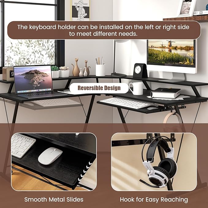 Giantex L Shaped Computer Desk with Power Outlet 51 Corner Computer Desk with Monitor Stand and Reversible Keyboard Tray Modern Gaming Desk with Hook Home Office Desk Workstation (Black)