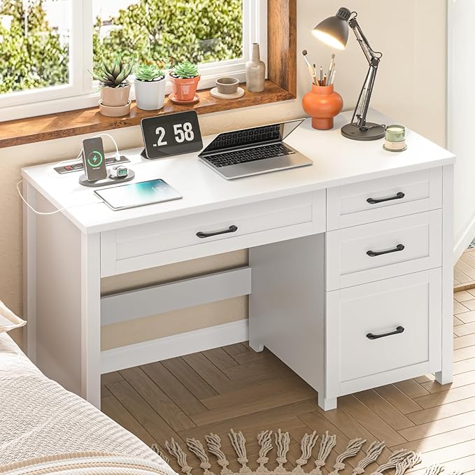 Farmhouse 47 Executive Desk Computer Desk with File Drawer and Charging Station Workstation for Home Office Study.（Cream White