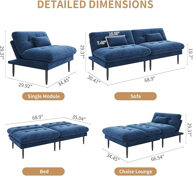 70 inch Convertible Futon Sofa Bed Velvet Sleeper Sofa with Adjustable Backrest Thick Fill and Convertible Modules 4 in 1 Loveseat Couch for Living Room Blue