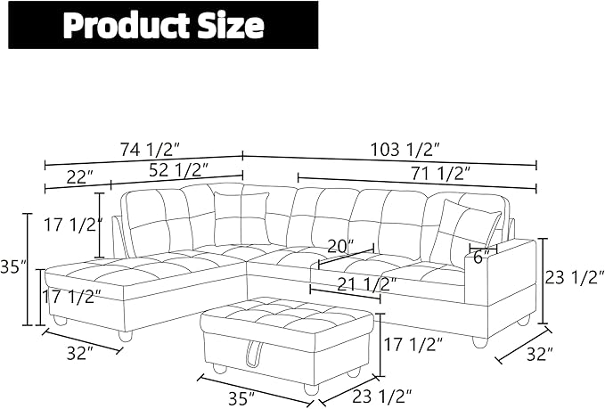 Sectional Couches for Living Room Furniture Sets 4 Seat U Shaped Sectional Couch with Storage Adjustable Couch with Armrests and Ottoman for Apartment Grey