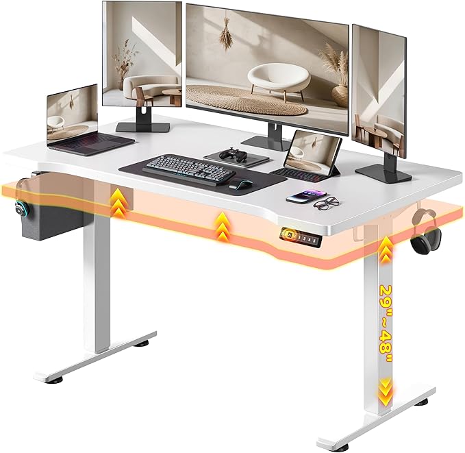 EnHomee Standing Desk with RGB LightsAdjustable Gaming Desk 48 x 24 HeightComputer Desk with 3 Memory Presets &amp Ergonomic Curved TopSit Stand Office Desk with Storage Bag &amp HookWhite