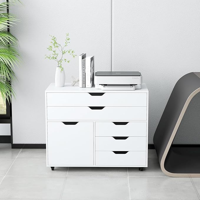 MAT EXPERT 5-Drawer Mobile File Cabinet w/Door Lateral Filing Cabinet w/5 Universal Wheels Rolling File Cabinets with Storage Modern Wood Printer Stand for Home Office Living Room Study (White)