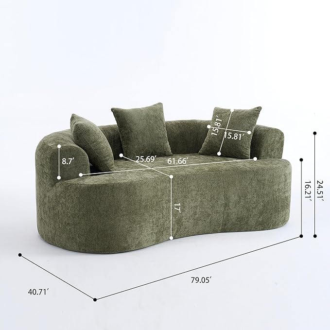 KEIKI 79 Curved Deep-Seat Sofa for Bedroom Lounge Modern Low-Back 3-Seater with Self-Inflating Foam No-Assembly Chenille Couch Ideal for Relaxing Reading and Cozy Corners