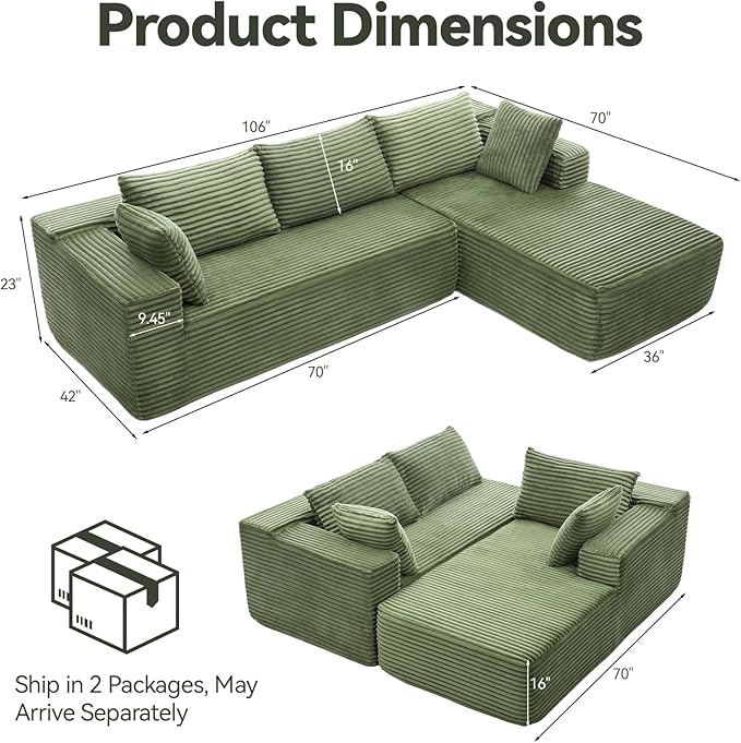106 Modular Sectional Sofa Green Corduroy Cloud Couch with Left Chaise Deep Seat Boneless Floor Sofa for Living Room High-Resilience Foam Support No Assembly Required Includes Pillows | Sectiona