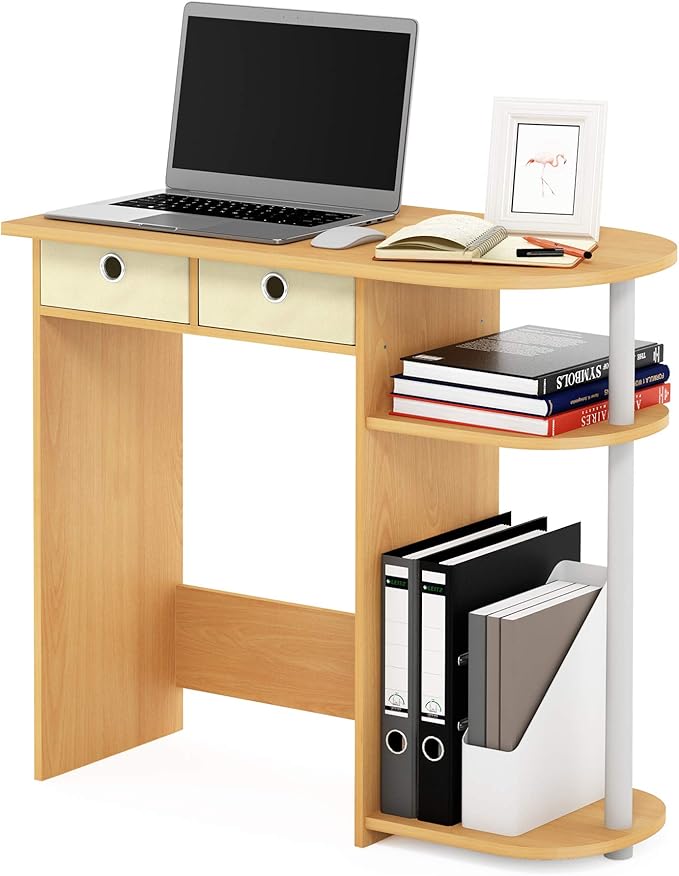 Furinno GO GREEN Desk 31.5 Wide Gaming Desk with 2 Side Shelves and Storage Bins Computer Desk Office Desk for Home Office Study Room Dorm Bedroom Beech