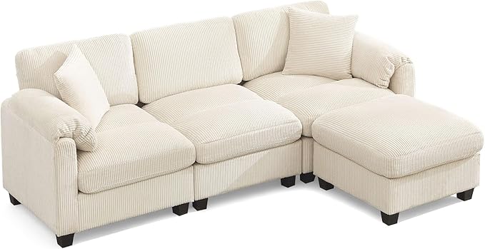 Modular Sectional Sofa with Ottoman3-Seater Corduroy Cloud Sofa Couch with 2 Pillows88.2'' L-Shaped Deep Seat Sofa with Thick CushionModular Couches for Living RoomBeige3 Seater &amp Ottoman