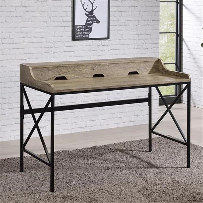 Pemberly Row Contemporary Gray Wood and Black Metal Desk USB Port and Electrical Outlet 48.75 in Wide Modern Design with Hidden Storage Levelers Home Office Workspace Furniture