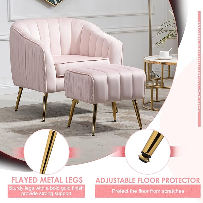Velvet Accent Sofa Chair with Ottoman Comfy Living Room Chairs with Adjustable Legs Modern Upholstered Tufted Lounge Barrel Chair Ottoman Set for Bedroom Home Office (Pink)