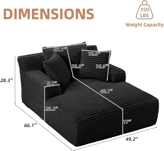 Oversized Chaise Lounge Chair Indoor Corduroy Sofa Bed with Throw Pillows Recliner Chair Comfy Large Deep Seat Sofa Couch for Living Room Bedroom Apartment (Black)