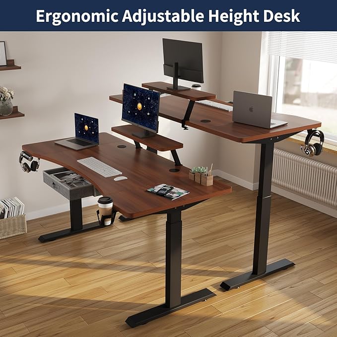 Dual Motor Standing Desk with Drawer 63x30 Inches Electric Height Adjustable Sit Stand Up Desk with Storage Shelf Home Office Desk Computer Workstation with Walnut Top/Black Frame