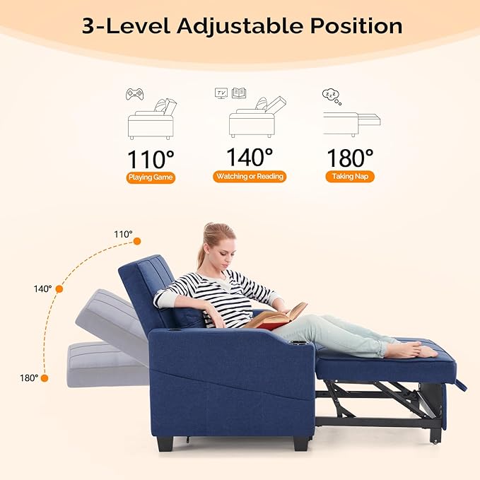 VINGLI Navy Blue Sleeper Chair Bed 3-in-1 Convertible Futon Sofa Bed Pull Out Couch Bed Adjustable Recliner Chair with USB Ports Cup Holders Side Pockets for Living Room Bedroom Small Spaces