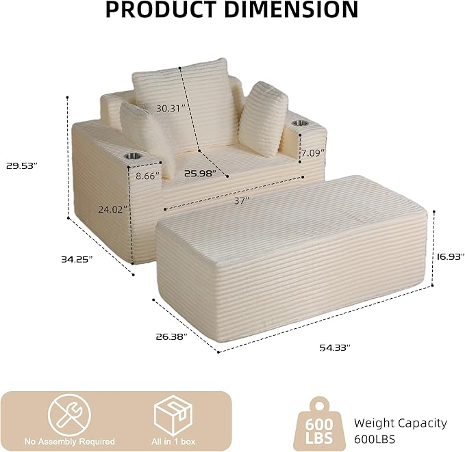 54W Oversized Chaise Lounge Chair Indoor Boneless Chaise Lounge Couch Convertible Comfy Reading Chairs Corduroy Sleeper Chair Couches for Living Room Compression Sofa with Ottoman Beige