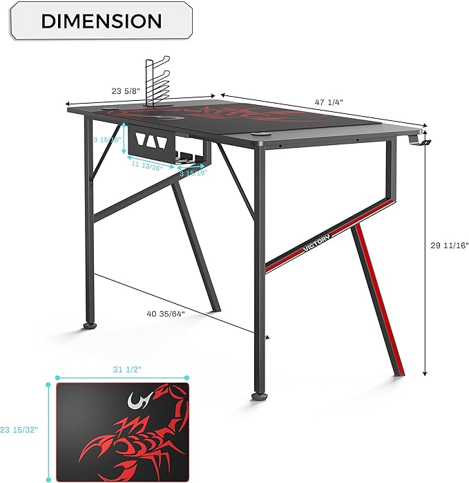 EUREKA ERGONOMIC Gaming Desk 47 Inch K Shaped Home Office PC Computer Desk Table for Gamer with Cable Management Carbon Fiber Black
