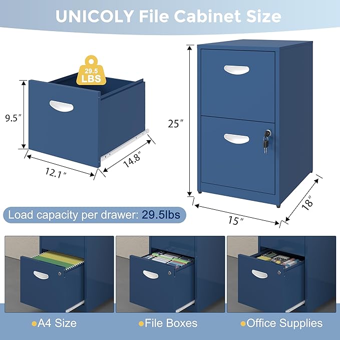 2 Drawer File Cabinet with Lock Metal File Cabinets for Home Office Under Desk Storage Printer Stand Office File Cabinets for Letters and File Boxes Assembly Required Blue