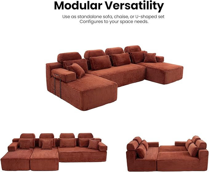 141 Boneless Couch with Reversible Chaise U Shaped Sectional Couches for Living Room Modular Sectional Sofa 28 Deep Seat Corduroy Couch Reversible Chaise Couch in a Box Orange