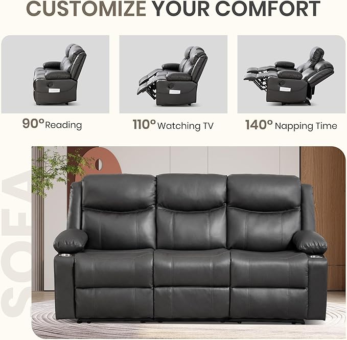 Manual Reclining 3-Seater Sofa with Heat &amp Massage PU Leather Recliner Couch for Living Room Faux Leather Upholstery Deep Cushions &amp Sturdy Frame (Grey)