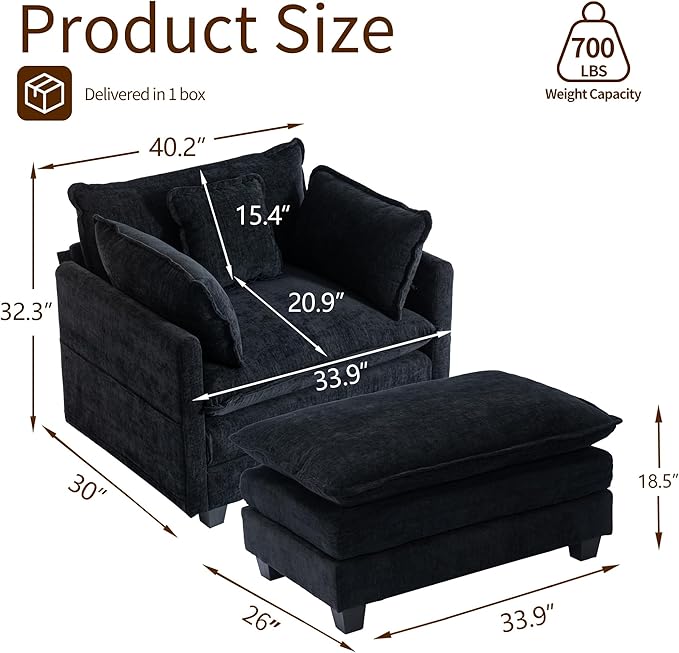 SweetGO corporation 40 Chenille Lounge Chair for Reading Modern Couch Cozy Sofa Bed Upholstered Living Room Single Sofa Accent Chair with Ottoman Black