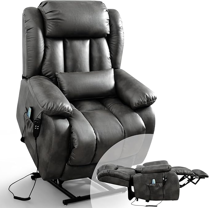 Infinite Position Lay Flat Lift Recliner Chair for Adults Dual Motor Power Lift Chair for Elderly with Massage &amp Heating USB Ports Remote Control &amp Lumbar Pillow Leather (Silver Grey)