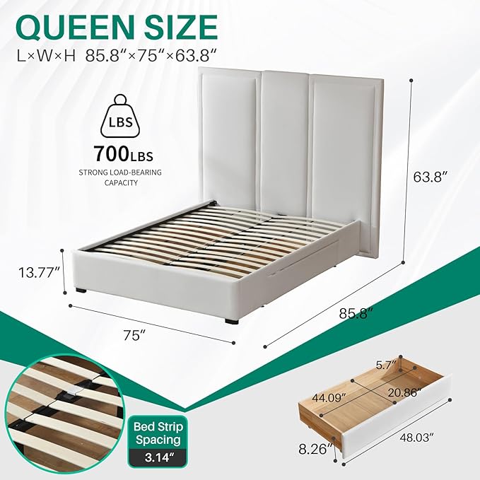 YUHUASHI Queen Size Bed Frame with 64-inch High Headboard Simple and Airy Linen Upholstered Platform Bed with Storage Drawers Wood Slat No Noise (White Queen (U.S. Standard))