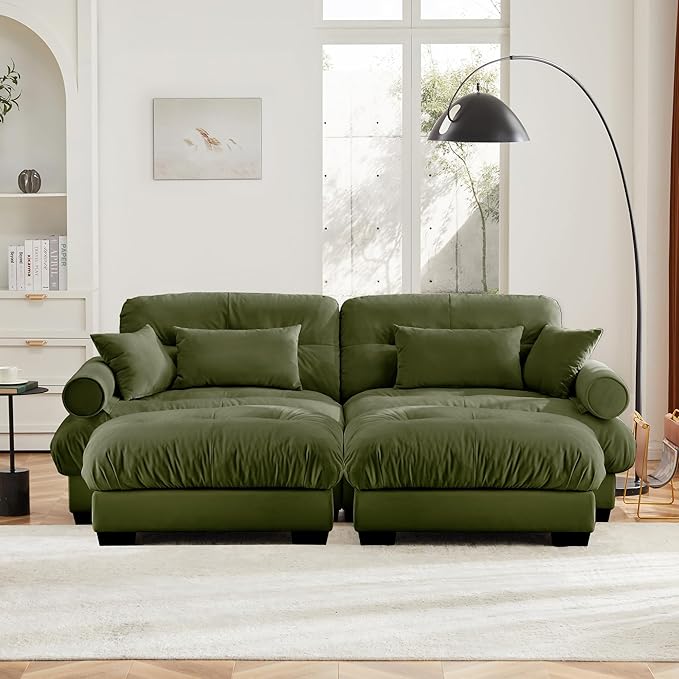 Setawix Modern U-Shaped 2 Seater Cloud Sofas Couches with Deep Seat for Living RoomComfy Velvet Modular Sectional Sofa with Movable OttomansDIY Combination CouchTufted(Olive)