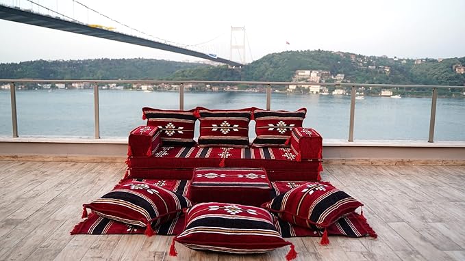 arabicsofa Maroon Turkish Low Floor Seating Sofa – Traditional Arabic Majlis Cushions