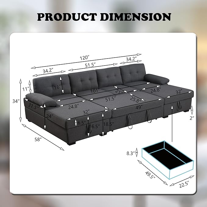 120 U-Shaped Sectional Sleeper Sofa with Pull Out Bed &amp Storage Chaise Lounge Convertible Sofa Bed Couch Functional Modular Sectional Sofa for Living Room Apartment (Dark Gray 4 Seats Sofa Bed