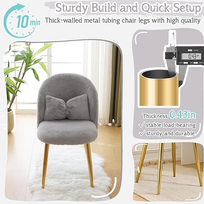VINGLI Fluffy Girls Vanity Chair with Back &amp PillowCute Small Cozy Desk Chair No WheelsComfy Makeup Ch with Ajustable Gold Legsfor BedroomLiving RoomSmall SpaceGrey