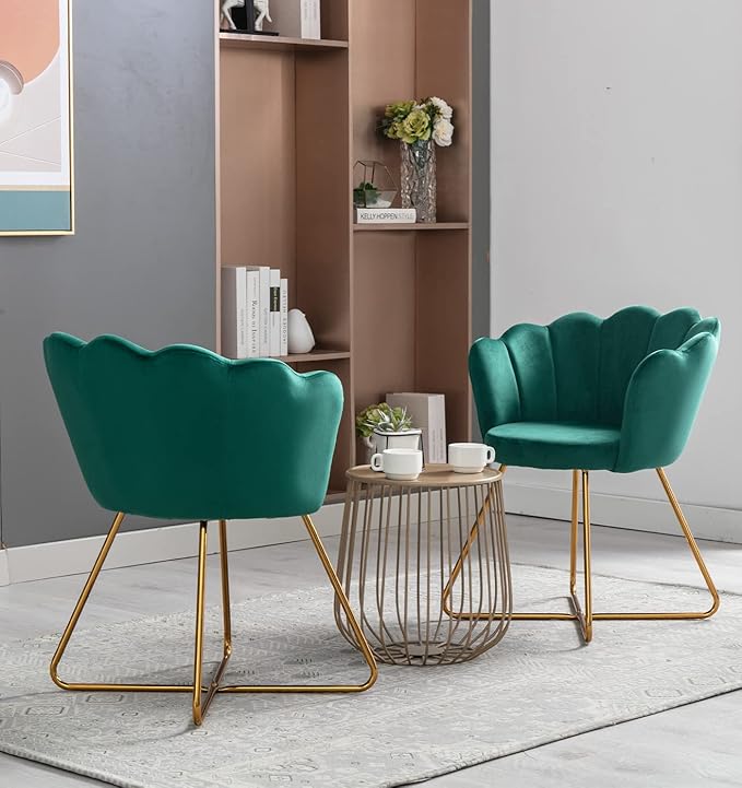 Velvet Accent/Conversation Lounge Chair with Iron Metal Gold Plated Legs Suitable for Office Lounge Living Room Set of 2 Green