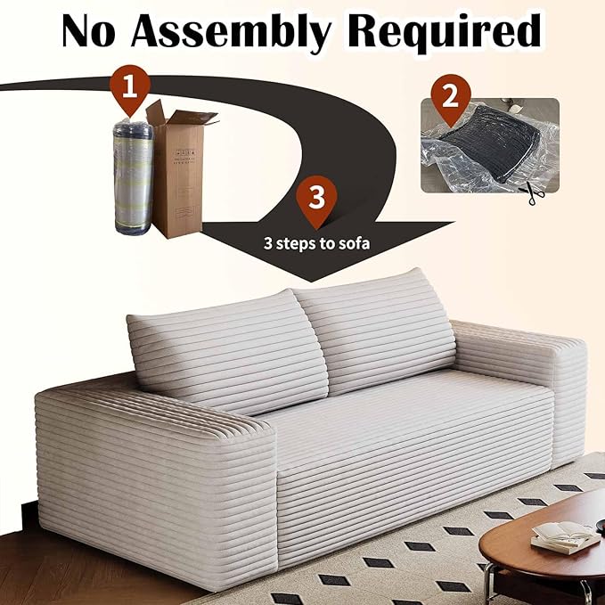 63 Corduroy Couch in a Box Cloud Loveseat Sofa with 2 Cushions Boneless Couches for Living Room Bedroom Small Space Compressed Deep Seat Memory Foam No Assembly (White 63)