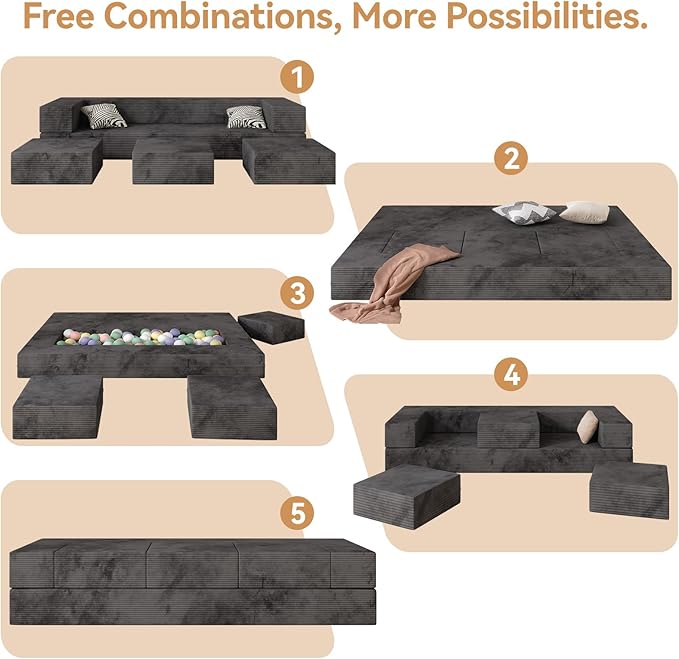 80'' Queen Convertible Floor Sofa Bed Velvet Folding Bed Couch with 3Ottomans Modular Sectional Floor Sofa Futon Sleeper Memory Foam Mattress for Guest/Living Room/PlayroomDeep Grey