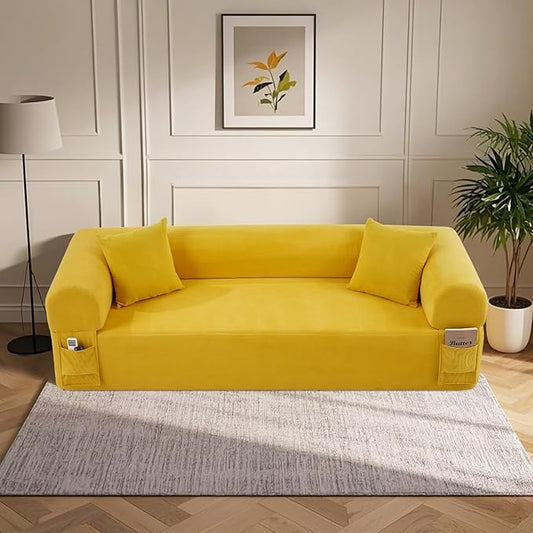 83'' Boneless Sofa in A Box 3-Seater Floor Sofa No Assembly Corduroy Couch for Living Room Cloud Couch with 2 Pillows &amp Storage Bag Memory Foam Small Floor Couches for Office Bright Yellow
