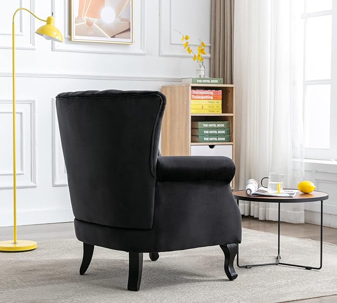Mid Century Modern Accent Chair Upholstered Armchair Comfy Velvet Fabric Single Sofa with Lined Wingback for Small Spaces Bedroom Living Room Velvet Black 30.1D x 30.5W x 35H in