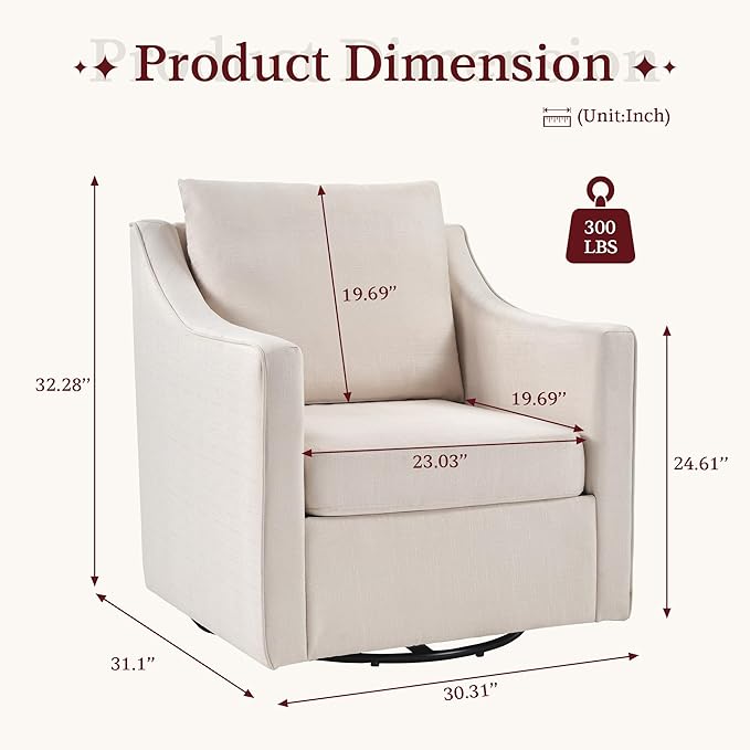 ANJ 360° Swivel Accent Chair Large Comfy Fabric Reading Chair with Wide Curved Back and Soft Pillows Mid Century Modern Chair for Living Room and Bedroom Beige