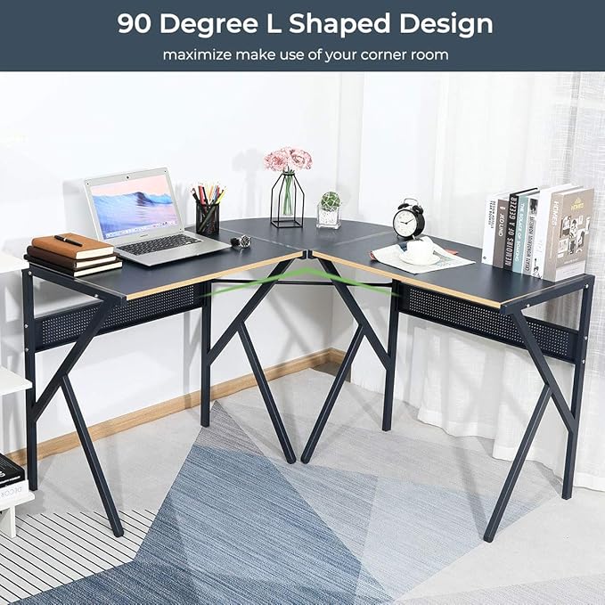 FurnitureR L-Shaped Computer Desk Gaming Table Home Office Corner Desk Writing Study Computer Table with Sturdy Metal Frames for Home Office Saves Space Black (49.2 Inch)