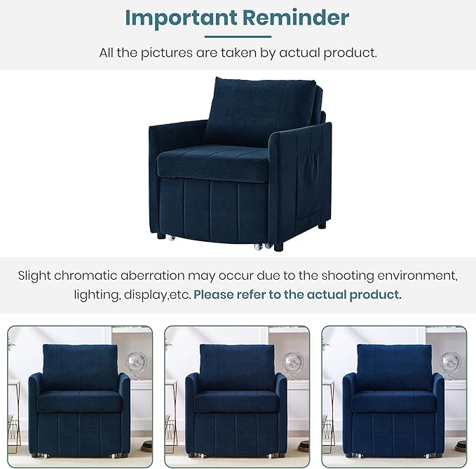 Ball &amp Cast Convertible Pull-Out Sleeper Sofa BedChenille Upholstered Pull Out Couch Chair3 in 1 Single Sofa Chair W/Storage Basket and Side PocketRecliner Chaise Lounge for Living RoomBlue31