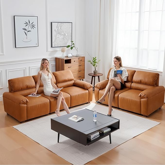 95 3-Seater PU Faux Leather Couch Modular Sectional Sofa Oversized Mid-Century Modern Comfy Couches with Extra Deep Seats Wide Arm for Living RoomOffices Apartments Easy to Assemble Brown | PU Fa