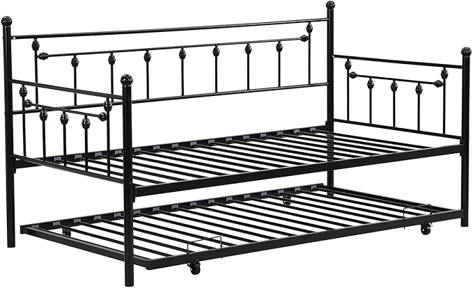 Convertible Modern Twin Size Metal Daybed Couch Pull Out Trundle Sofa Bed 2 in 1 Convertible Sleeper Daybed Sofa Bed Frame for Bedroom Living Room Guest Room Office Black One Size