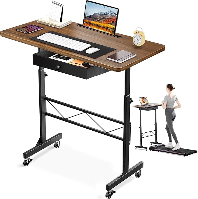 GTPLAYER Small Standing Desk Adjustable Height Small Computer Desk Mobile Portable Rolling Laptop Table with Wheels 32 Computer Workstation Sit Stand Desks Portable Standing Table Treadmill desks