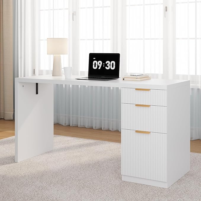 FURSUN 58 Modern Executive Desk with Storage Home Office Desk with Drawer &amp Cabinet Wooden Fluted Desk for Study Living Room Bedroom White