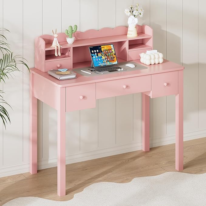 Pink Writing Desk with Hutch &amp 5 Drawers - 40 Inch Modern Computer Workstation for Home Office Teen Desk Small Study Desk Ideal for Gift