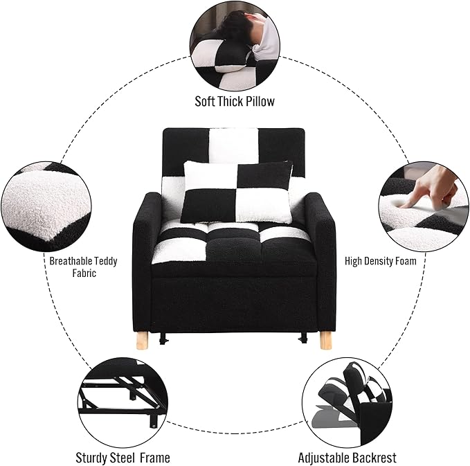 Sleeper Sofa Bed 3-in-1 Convertible Chair Bed Multi-Functional Sleeper Chair Soft Teddy Fabric for Living Room Apartment Office