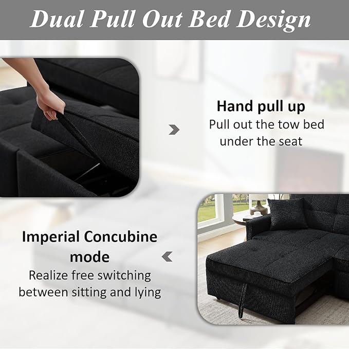 King Size Pull Out Sofa Bed 4-in-1 Convertible Sofa Bed Couch Chenille 3 Seaters Sofa Sleeper with Dual Pull Out Bed &amp Adjustable Backrest for Living Room Black