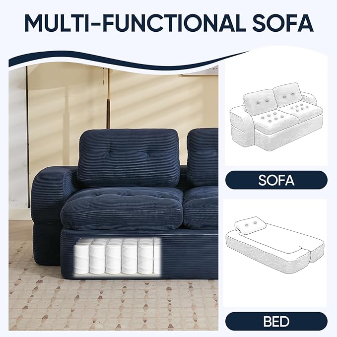 Sofa Bed Couch Convertible Futon Sofa Bed Foldable Boneless Couch No Assembly Love Seat Mattress Sleeper for Living Room Bedroom Apartment Navy