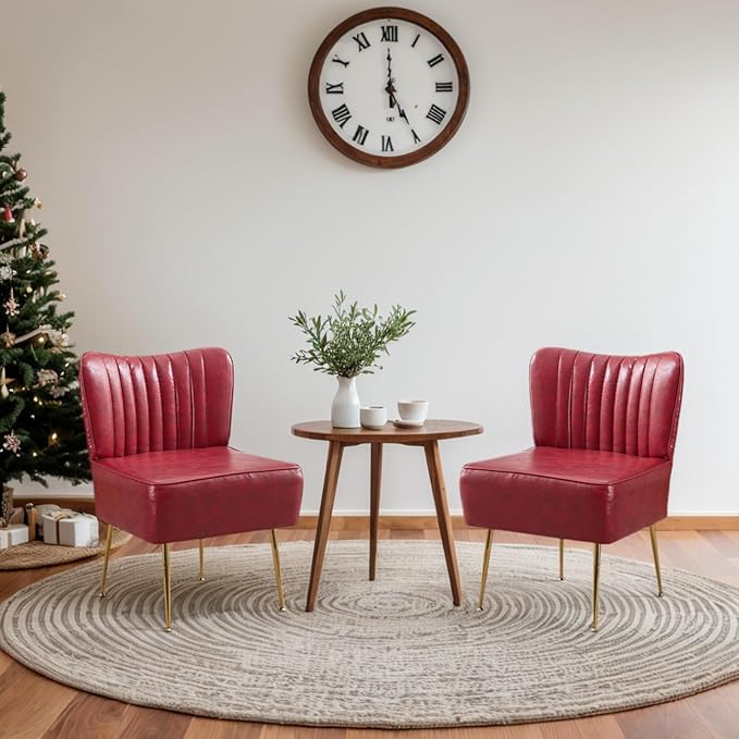 Modern PU Leather Accent Chair Upholstered Armless Wingback Side Chair with Golden Legs Comfy Single Sofa Cute Slipper Corner Chair for Living Room Bedroom Entryway Wine Red