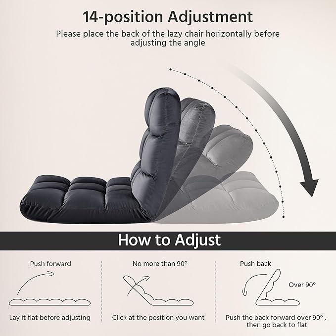 Yaheetech Floor Folding Chair with Back Support Padded Folding Gaming Sofa Chair with 14 Adjustable Backrest Adults Couch Recliner Floor Seating Lounge Chair Armless Meditation Chair Gray